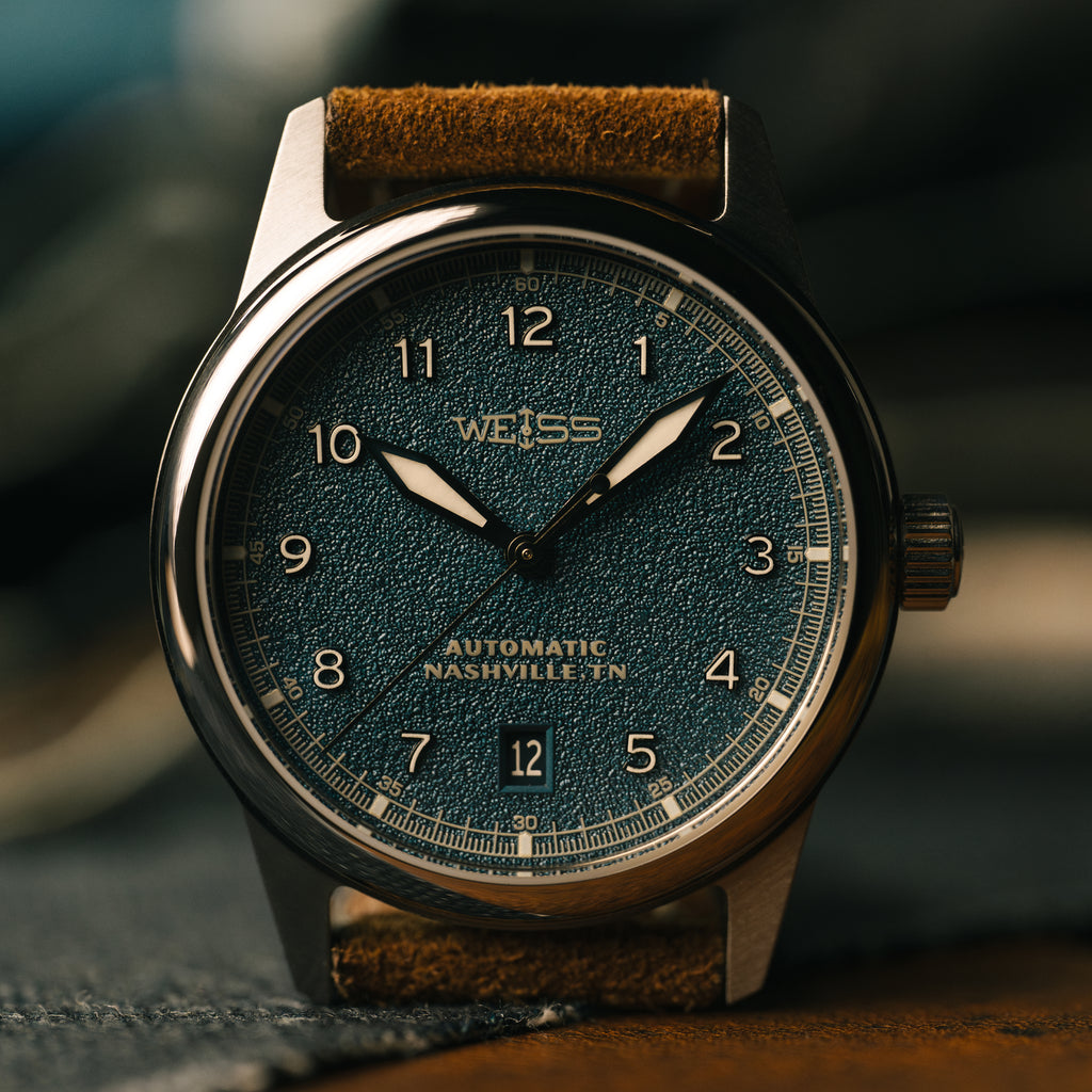 Weiss Watch Blue Textured Dial Suede Strap